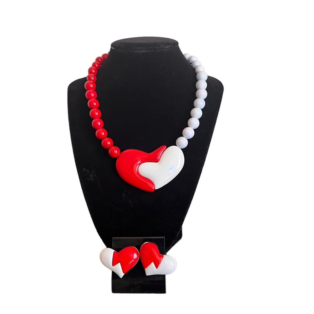 Heart Necklace and Earrings - Vintage 80s White & Red Two Toned Heart Necklace